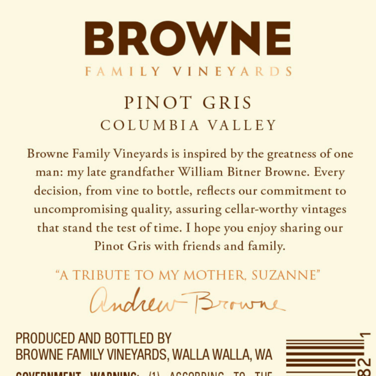 Browne Family Vineyards Pinot Gris Bitner Estate Columbia Valley 2022 - 750ML - Back Label