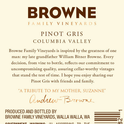 Browne Family Vineyards Pinot Gris Bitner Estate Columbia Valley 2022 - 750ML - Back Label