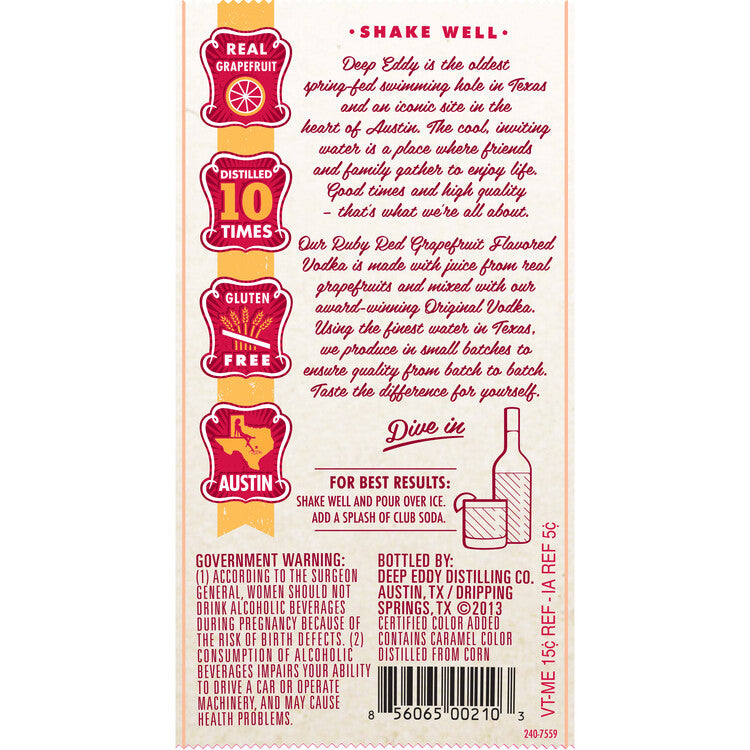Deep Eddy Ruby Red Grapefruit Flavored Vodka 70 - 1.75L - Back Label