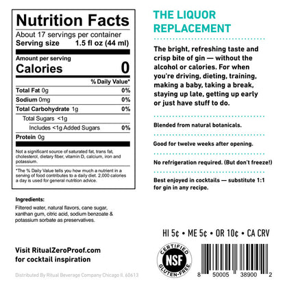 Ritual Zero Proof Gin Alternative Non-Alcoholic Spirit - 750ML - Back Label