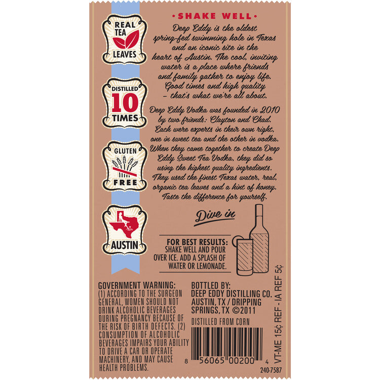 Deep Eddy Sweet Tea Flavored Vodka 70 - 750ML - Back Label