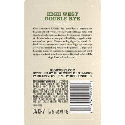 High West Rye Whiskey Double Rye! 92 - 750ML - Back Label