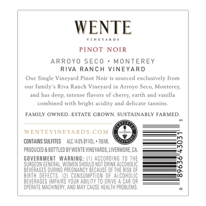 Wente Vineyards Pinot Noir Riva Ranch Vineyard Arroyo Seco - 750ML - Back Label