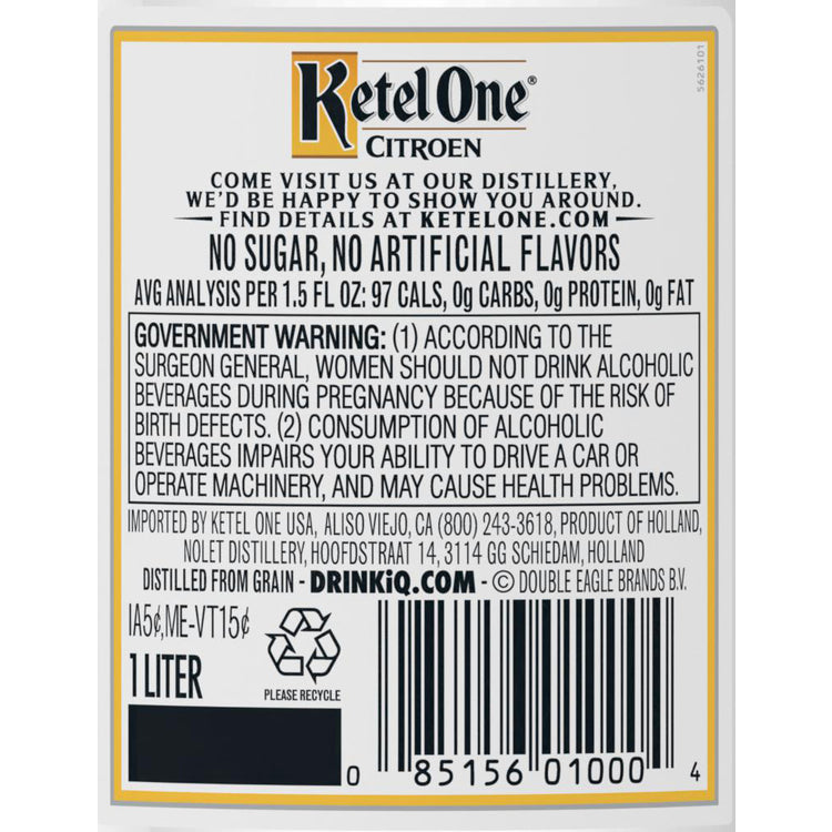 Ketel One Citrus Flavored Vodka Citroen 80 - 1.0L - Back Label