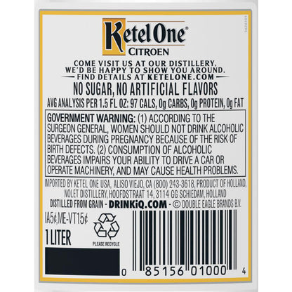 Ketel One Citrus Flavored Vodka Citroen 80 - 1.0L - Back Label