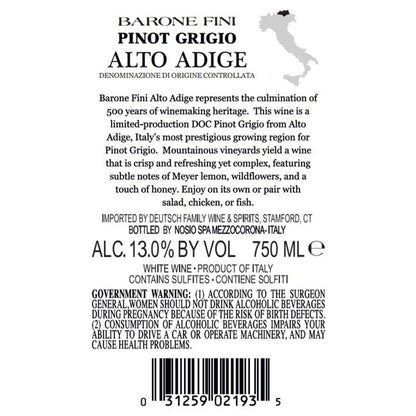 Barone Fini Pinot Grigio Alto Adige - 750ML - Back Label