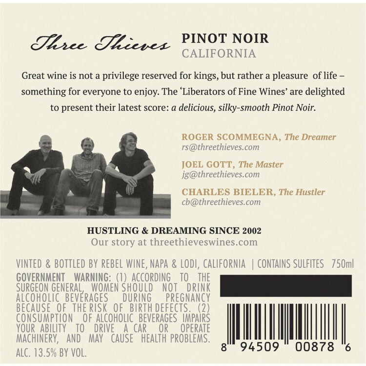 Three Thieves Pinot Noir California - 750ML - Back Label