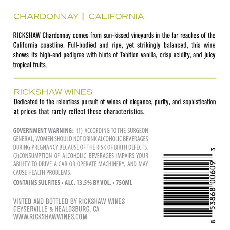 Rickshaw Chardonnay California - 19.5L - Back Label