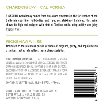 Rickshaw Chardonnay California - 19.5L - Back Label
