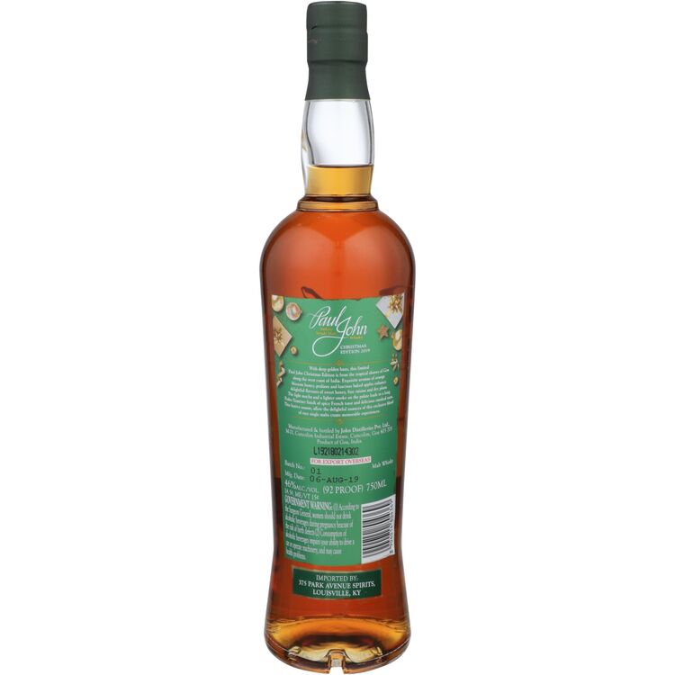 Paul John Single Malt Whisky Christmas Edition 2021 92 - 750ML - Back