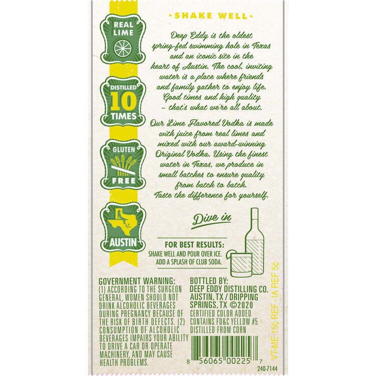 Deep Eddy Lime Flavored Vodka 70 - 1.75L - Back Label
