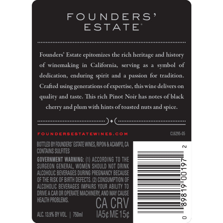 Beringer Founders' Estate Pinot Noir Founders' Estate International - 750ML - Back Label