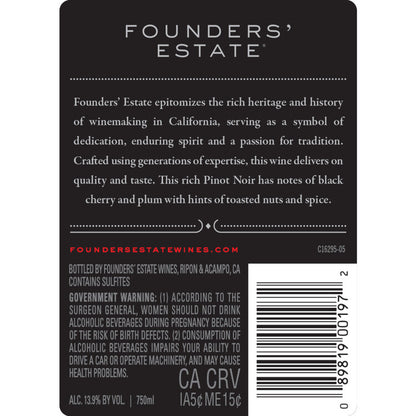 Beringer Founders' Estate Pinot Noir Founders' Estate International - 750ML - Back Label