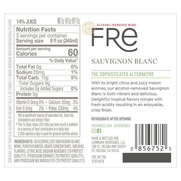 Fre Sauvignon Blanc Alcohol Removed - 750ML - Back Label