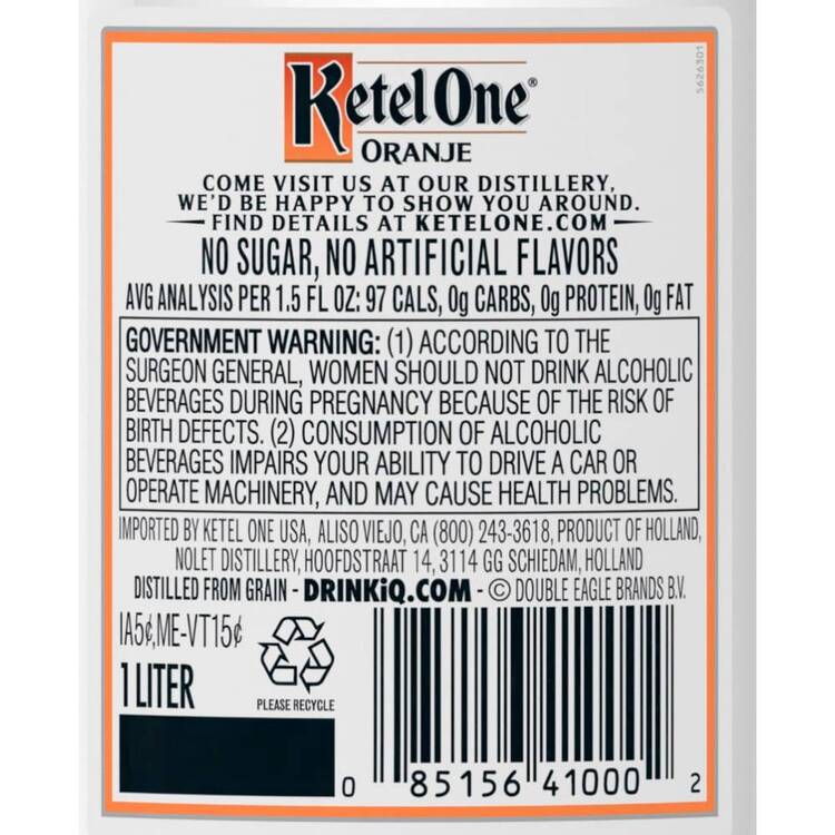 Ketel One Orange Flavored Vodka Oranje 80 - 1.0L - Back Label