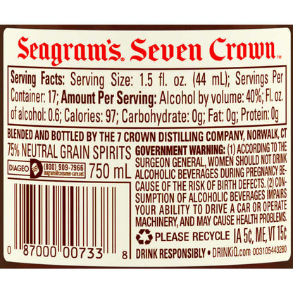 Seagram's Blended American Whiskey 7 Crown 80 - 750ML - Back Label