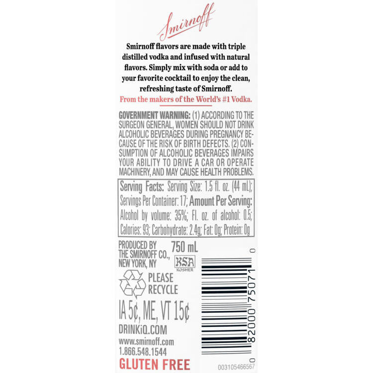 Smirnoff Peach Flavored Vodka 60 - 750ML - Back Label