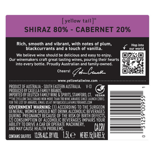Yellow Tail Shiraz/Cabernet Sauvignon South Eastern Australia - 1.5L - Back Label