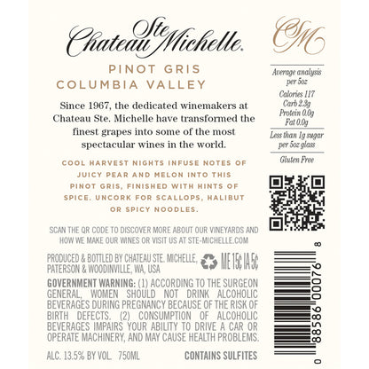 Chateau Ste. Michelle Pinot Gris Columbia Valley - 750ML - Back Label