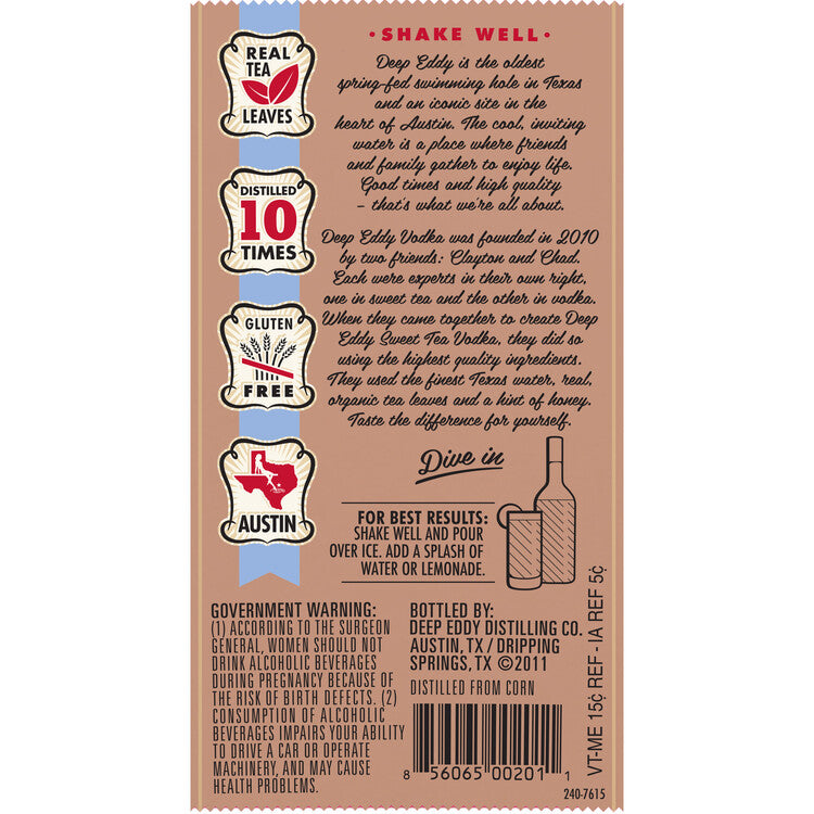 Deep Eddy Sweet Tea Flavored Vodka 70 - 1.0L - Back Label
