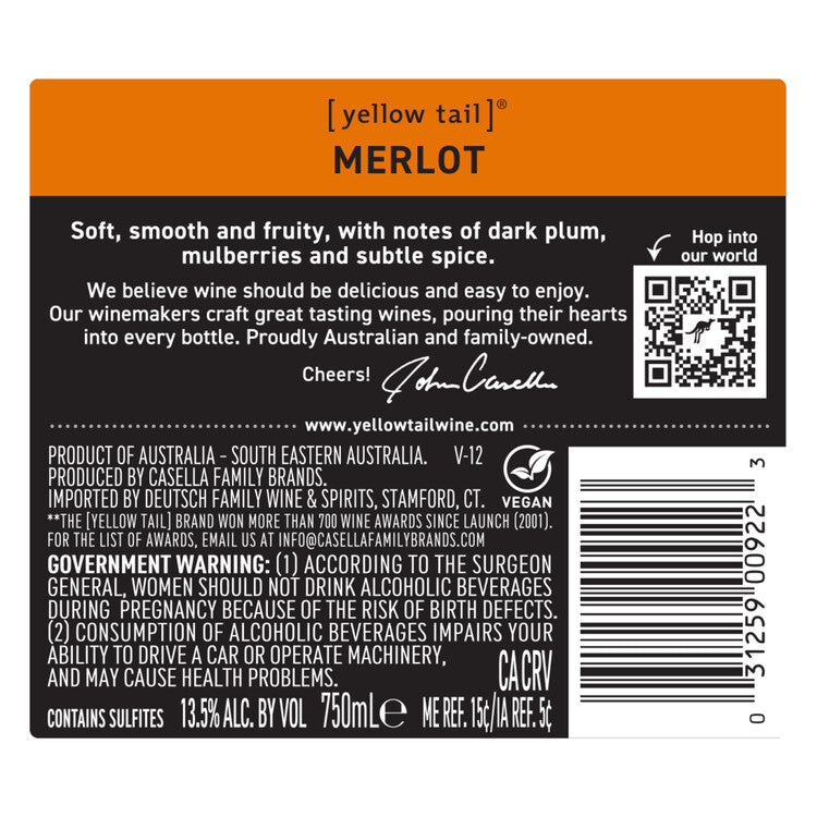 Yellow Tail Merlot South Eastern Australia - 750ML - Back Label