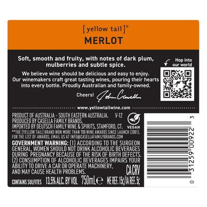 Yellow Tail Merlot South Eastern Australia - 750ML - Back Label