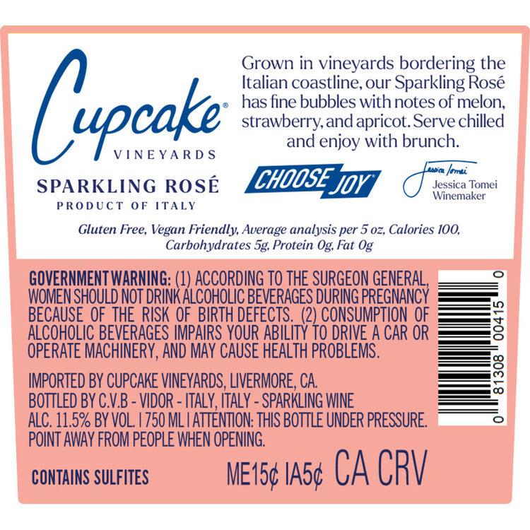 Cupcake Vineyards Sparkling Rose Wine Italy - 750ML - Back Label