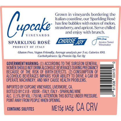 Cupcake Vineyards Sparkling Rose Wine Italy - 750ML - Back Label