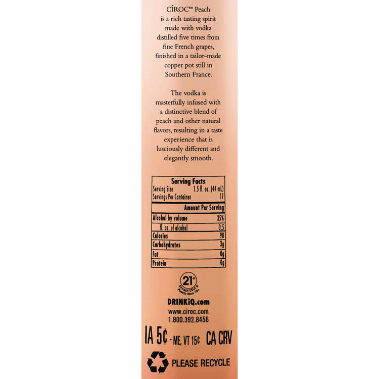 Ciroc Peach Flavored Vodka 70 - 750ML - Back Label