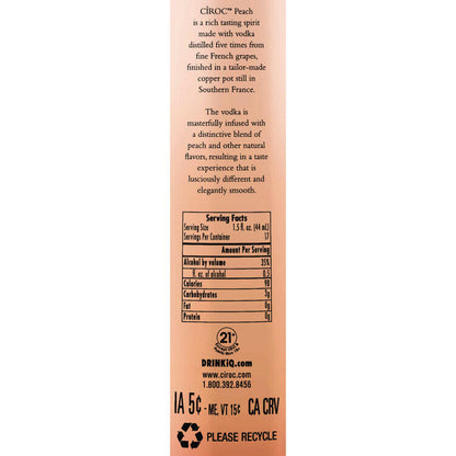 Ciroc Peach Flavored Vodka 70 - 750ML - Back Label