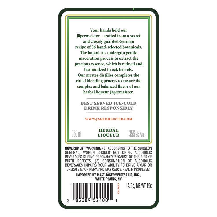 Jagermeister Herbal Liqueur 70 - 750ML - Back Label