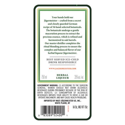 Jagermeister Herbal Liqueur 70 - 750ML - Back Label