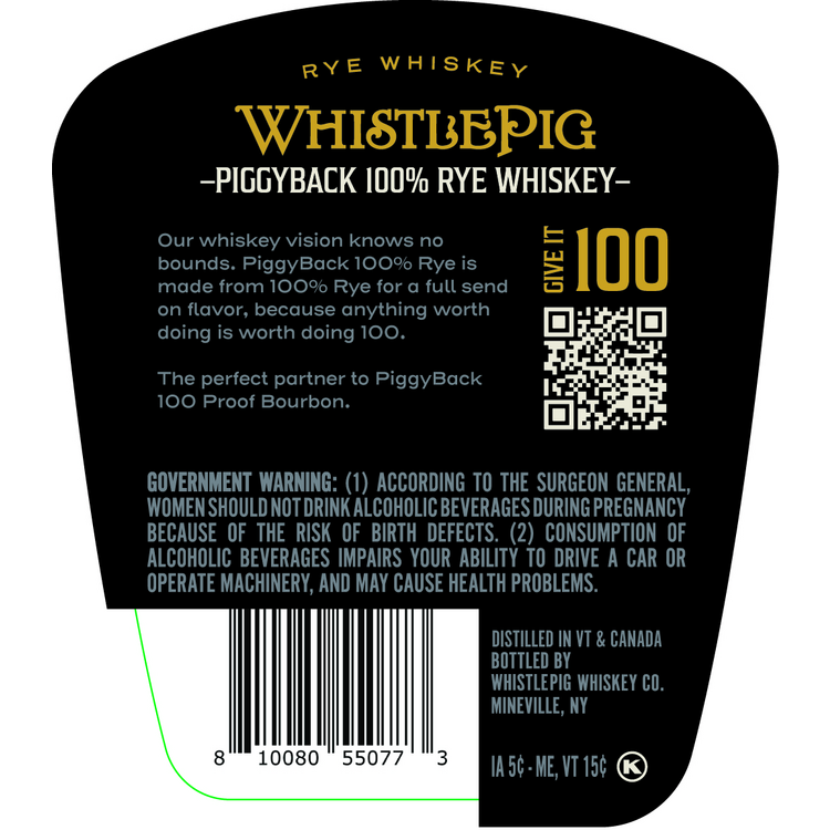 Whistlepig Rye Whiskey Piggyback In New American Oak Barrels 6 Yr 96.5 - 1.0L - Back Label
