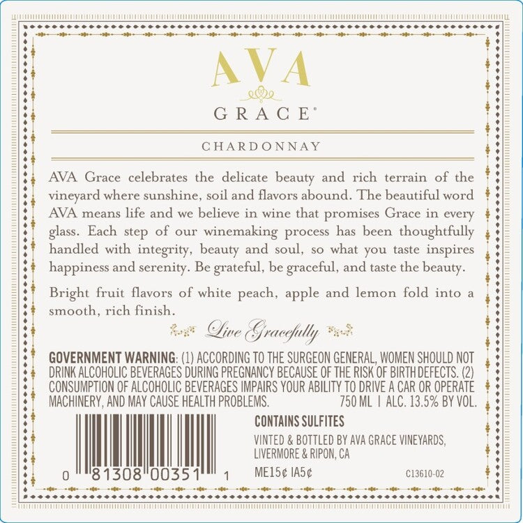 Ava Grace Vineyards Chardonnay California - 750ML - Back