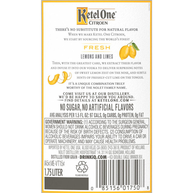 Ketel One Citrus Flavored Vodka Citroen 80 - 1.75L - Back Label