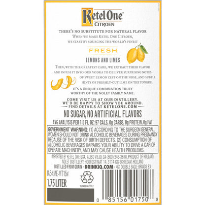 Ketel One Citrus Flavored Vodka Citroen 80 - 1.75L - Back Label