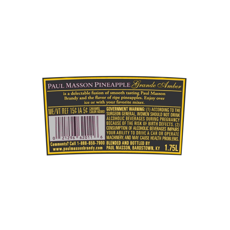 Paul Masson Pineapple Flavored Brandy Grande Amber 54 - 1.75L - Back Label