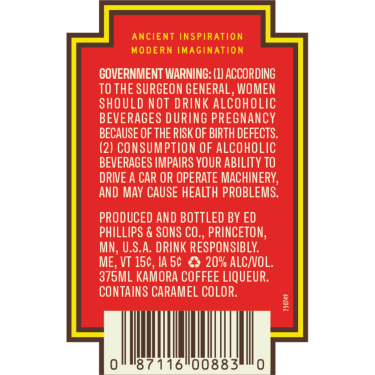 Kamora Coffee Liqueur 40 - 375ML - Back Label