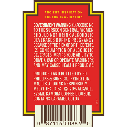Kamora Coffee Liqueur 40 - 375ML - Back Label