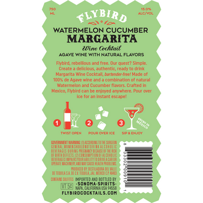 Flybird Watermelon Cucumber Margarita Wine Based Cocktail - 750ML - Back Label