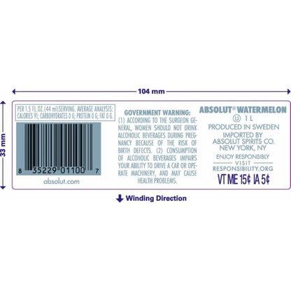 Absolut Watermelon Flavored Vodka 76 - 1.0L - Back Label