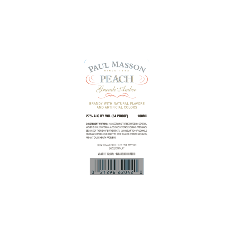 Paul Masson Peach Flavored Brandy Grande Amber 54 - 100ML - Front Label