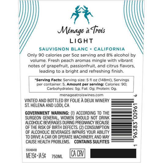 Menage A Trois Sauvignon Blanc Light California - 750ML - Back Label