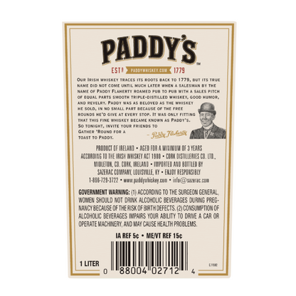 Paddy Blended Irish Whiskey 80 - 1.0L - Back Label