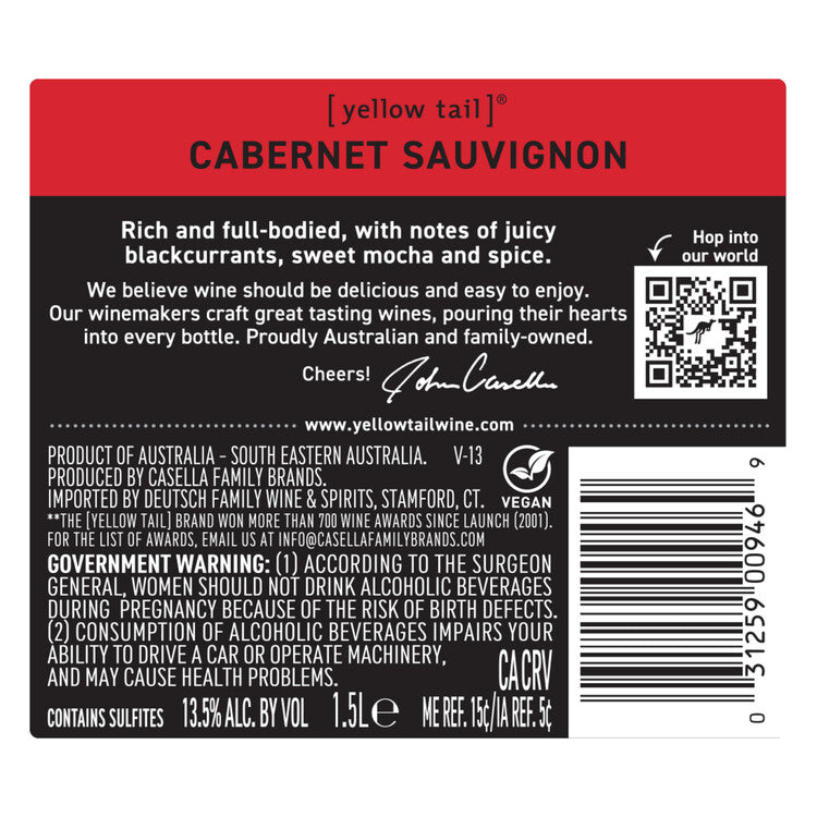 Yellow Tail Cabernet Sauvignon South Eastern Australia - 1.5L - Back Label