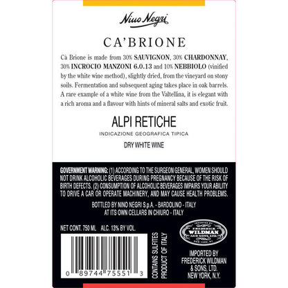 Nino Negri Bianco Ca' Brione Alpi Retiche 2022 - 750ML - Back Label