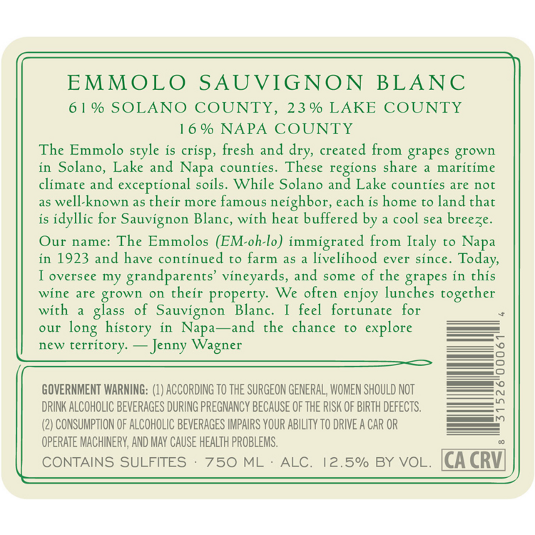 Emmolo Sauvignon Blanc Lake County/Napa County/Solano County Californi - 750ML - Back Label