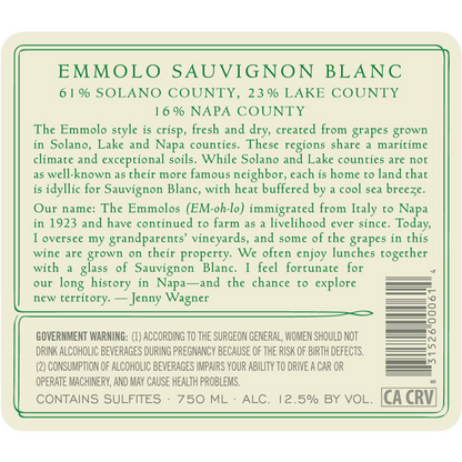 Emmolo Sauvignon Blanc Lake County/Napa County/Solano County Californi - 750ML - Back Label