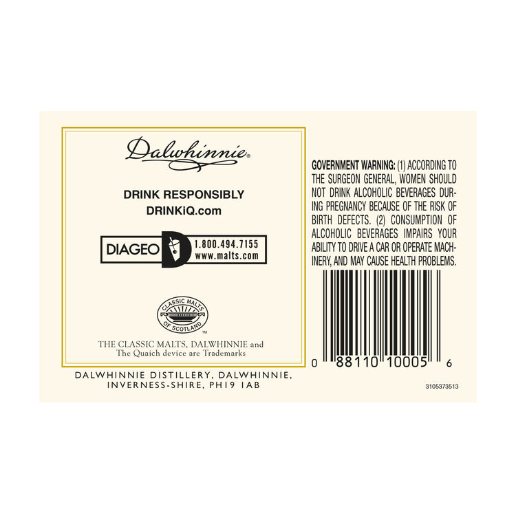 Dalwhinnie Single Malt Scotch 15 Yr 86 - 750ML - Back Label