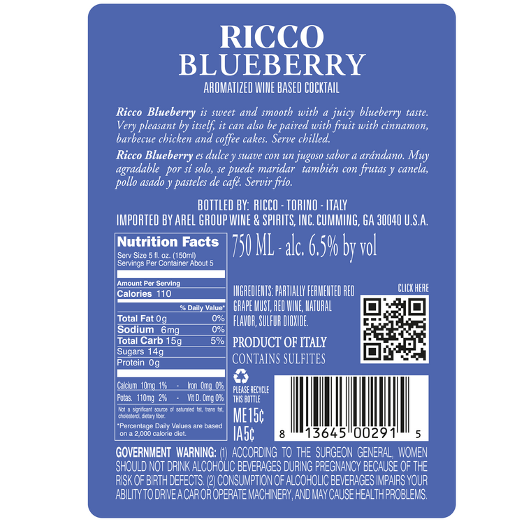 Ricco Blueberry Flavored Wine - 750ML - Back Label